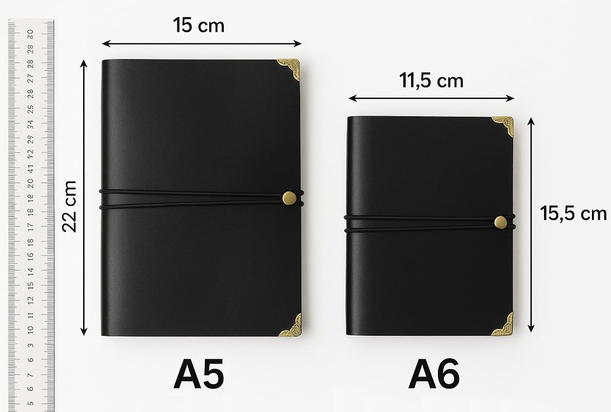 Comparativo de tamanhos A5 e A6 do caderno medieval